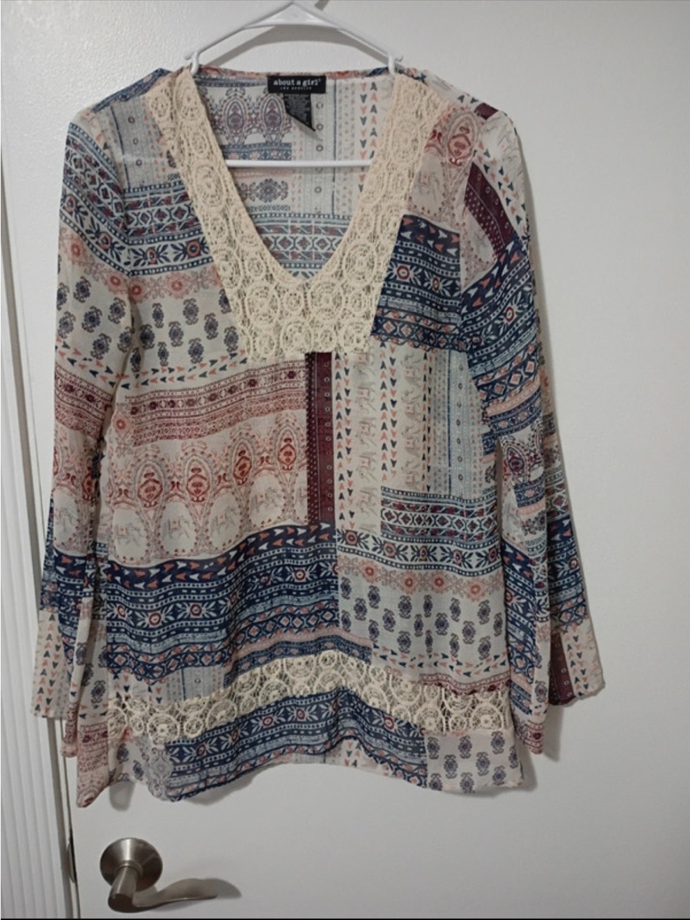 About A Girl Cream Boho Patchwork Tunic with Navy and Rust Accents and Lace